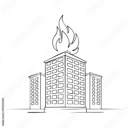Sketch of apartment buildings on fire with flames on roof in monochrome line art style