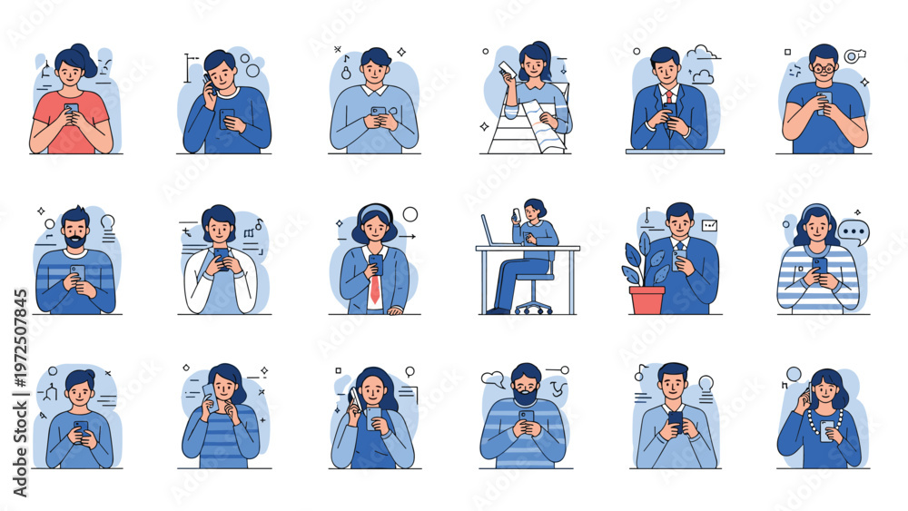 Fototapeta premium Multiple illustrations of people using smartphones for communication, social media, work, and entertainment in various daily life settings.