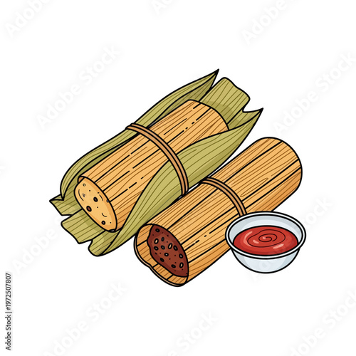 Tableau sur toile Traditional Tamales in Corn Husk with Salsa Bowl