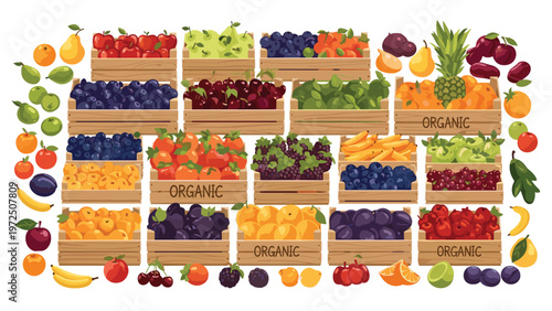 Abundance of organic fresh fruits displayed in wooden crates including apples, grapes, oranges, berries, bananas, and tropical pineapple.