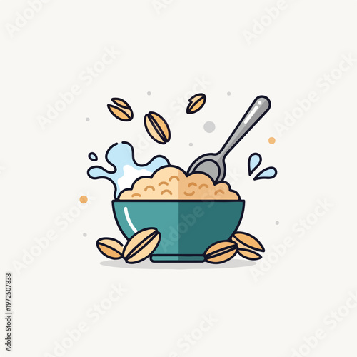 Cartoon Oatmeal in Teal Bowl.