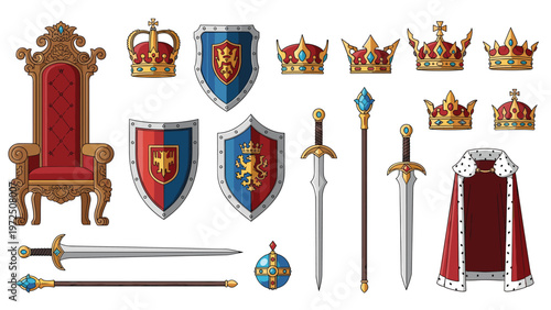 Grand collection of medieval royal items including ornate golden crowns, swords, shields, a majestic throne, and a red velvet cape.