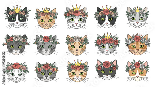 Adorable collection of cat faces wearing beautiful flower crowns and tiny golden crowns in various colors and breeds for pet lovers.