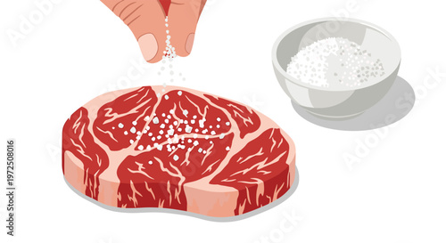 A realistic culinary illustration captures a human hand meticulously seasoning a fresh raw marbled ribeye steak with white salt crystals beside a ceramic bowl.