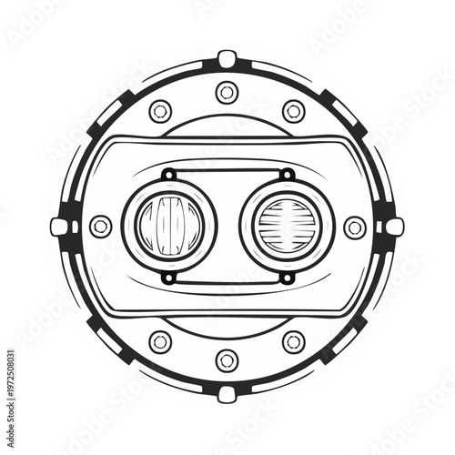 Round retro vehicle headlight assembly with twin circular lenses in line art style