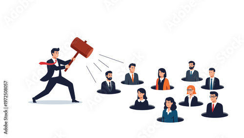 Concept illustration of a manager playing whack-a-mole with employees popping out of holes to represent workplace pressure and challenges.