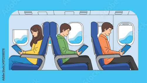 Diverse passengers sitting in airplane seats and reading books while traveling during a comfortable flight in the cabin near windows.