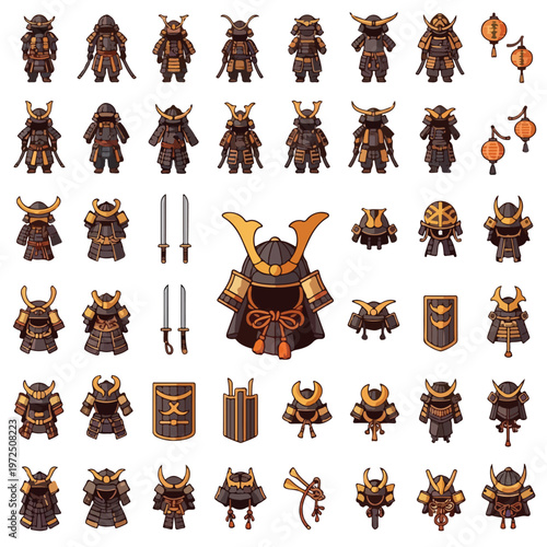 Collection of samurai armor pieces.