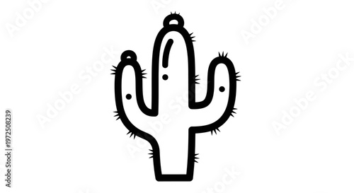 Simple line art cactus plant with needles on isolated white background.