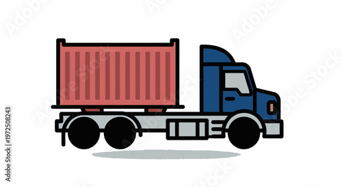 Blue container truck transporting red cargo on isolated white background.