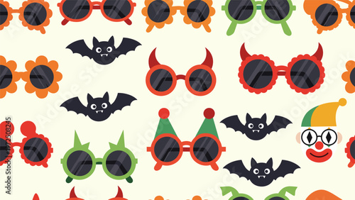 Fun pattern of various party and costume glasses including devil horns, bat wings, flower shapes, and a clown mask for celebration.