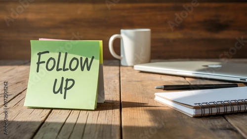 Follow Up Sticky Note Reminder on Office Desk with Coffee and Laptop Workspace