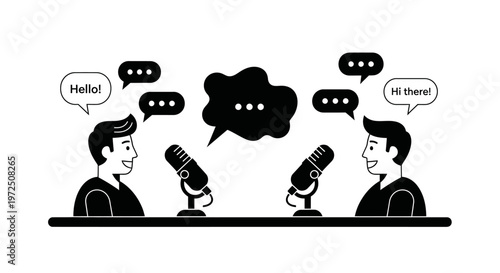 Two men podcasting and talking with speech bubbles on isolated white background.