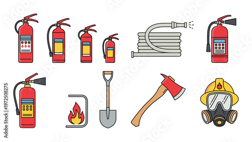 Set of firefighting tools and safety equipment including extinguishers, axes, shovels, hoses, gas masks, and protective helmets.