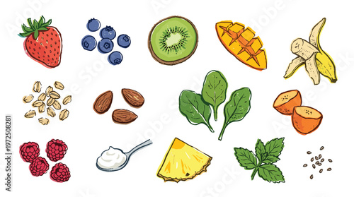 Healthy smoothie ingredients assortment including fresh fruits berries nuts seeds and greens for a nutritious breakfast or snack