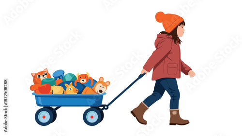 Little girl in winter clothes pulling a blue wagon full of plush animal toys and soft balls for a fun playtime outdoors or at home.