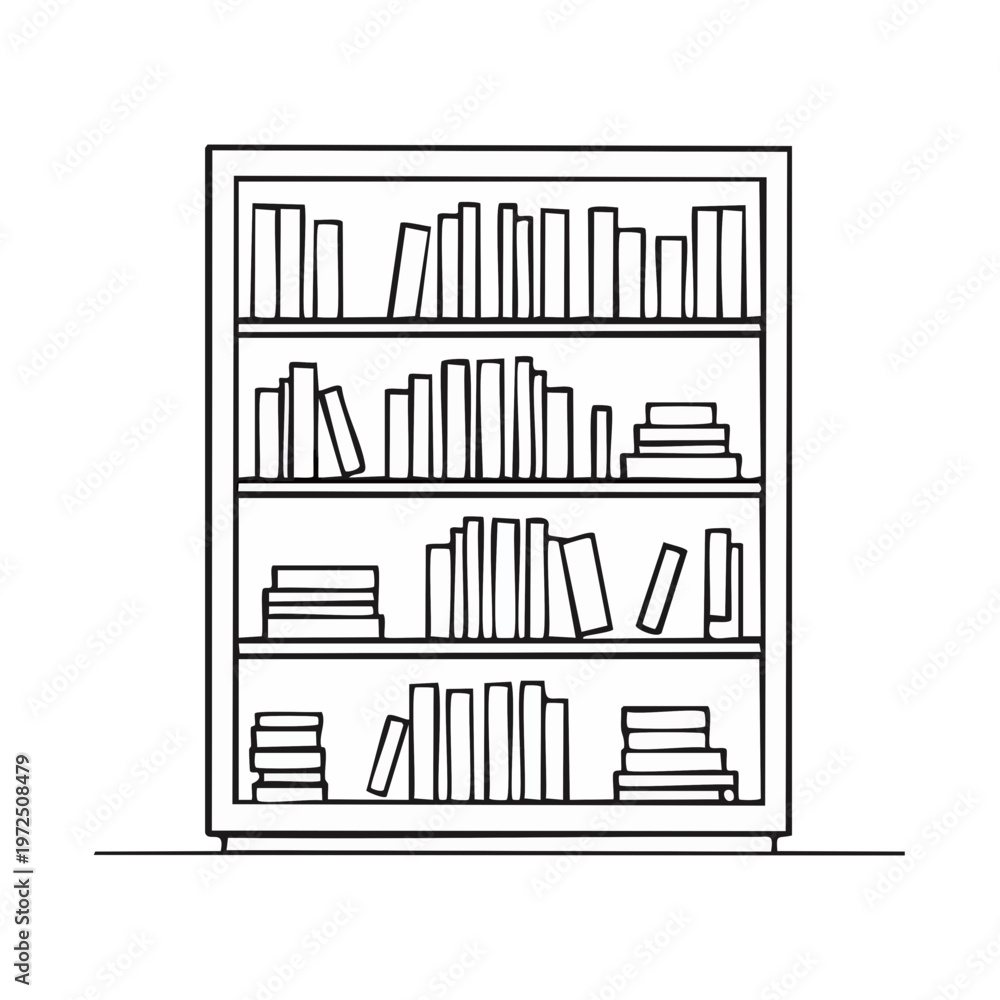 Fototapeta premium Simple Outline Drawing of a Wooden Bookshelf Filled with Books