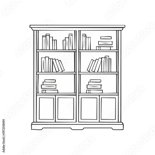 Classic wooden bookshelf filled with stacks of books in a line drawing style