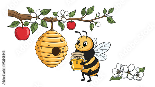 Cute cartoon bee holding a jar of honey standing next to a hive hanging from an apple tree branch with flowers and red fruit.