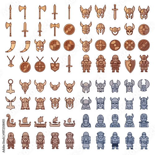 Large collection of hand drawn Viking themed icons including warriors weapons ships and helmets in various colors and styles.