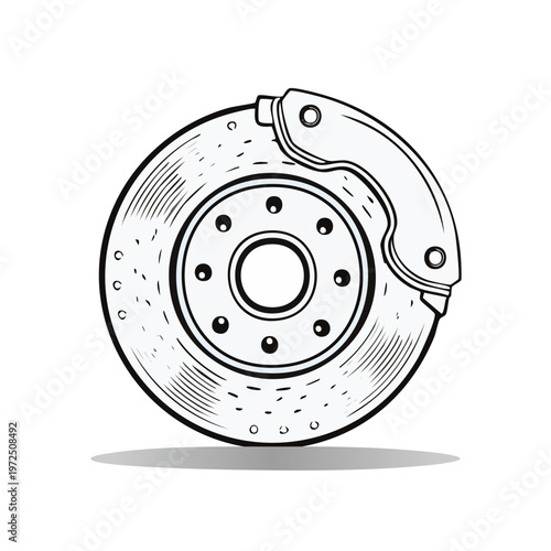 Detailed illustration of a car brake disc and caliper in black and white