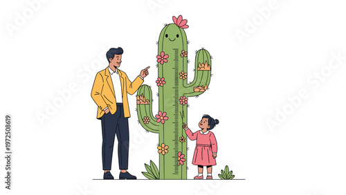 Tall green cactus used as a height measuring chart for a little girl while her father points at the growth marks in a fun way.