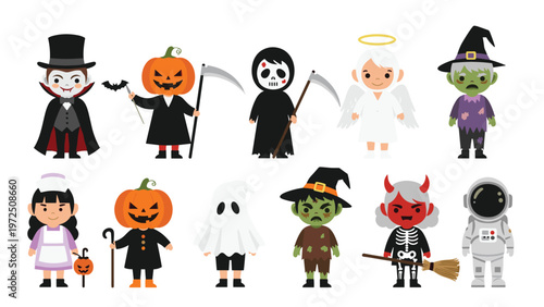 Large set of children wearing diverse halloween costumes like vampires, pumpkins, ghosts, skeletons, angels, and witches for trick or treat.