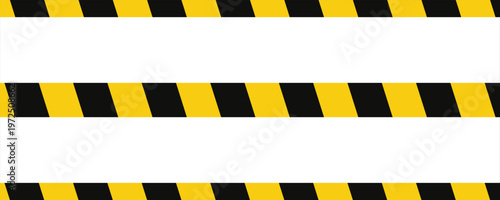 Warning tape with yellow and black diagonal stripes. Warn stop seamless line. Yellow and black caution tape border.