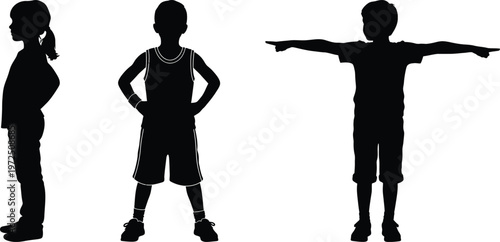 Three children displaying different athletic stances in silhouette Vector