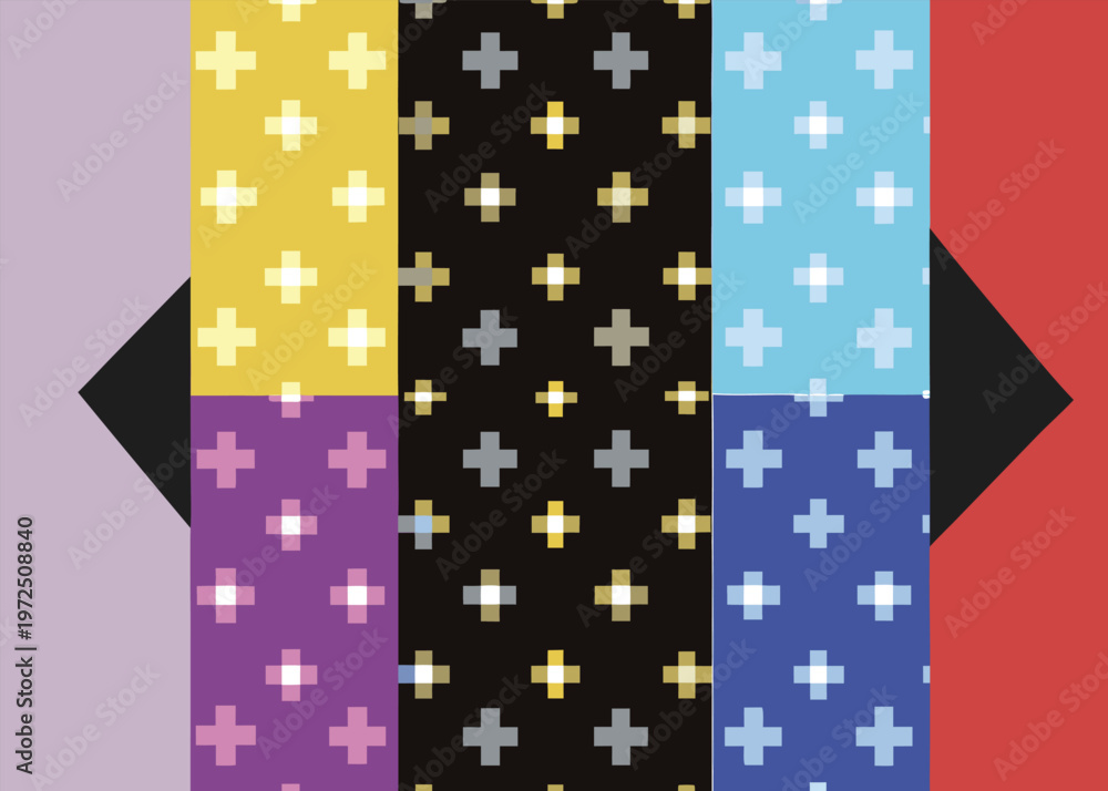 Fototapeta premium Four vertical strips of yellow, purple, black, and blue are decorated with small cross patterns and positioned over a grey background with a black diamond.