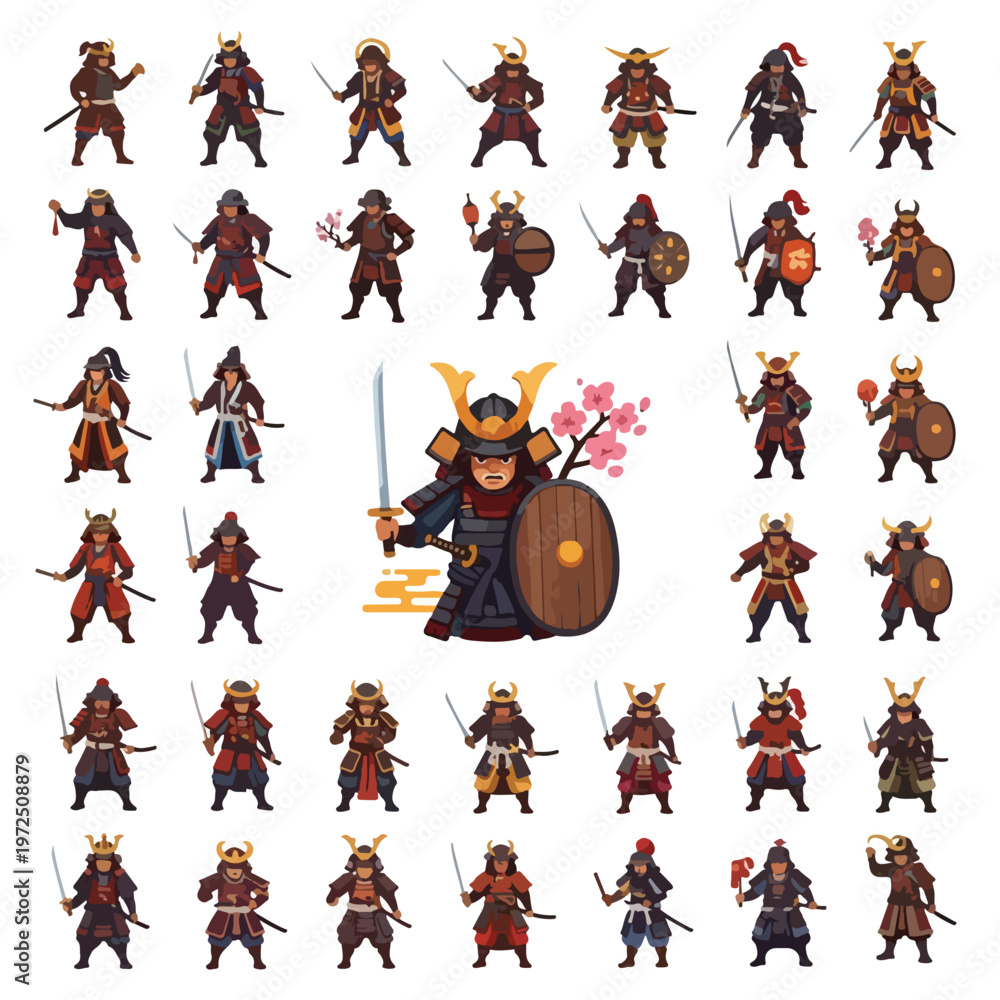 Naklejka premium Collection of Chibi Samurai Warrior Characters in Various Battle Poses.