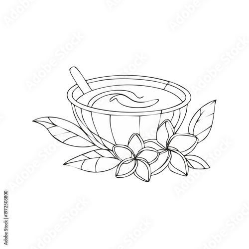 Natural spa treatment ingredients including a bowl of cream and frangipani flowers