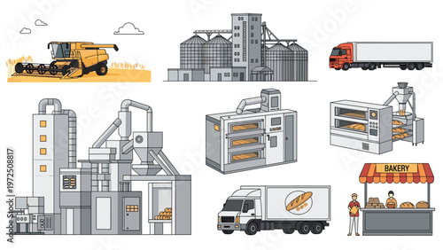 Stages of bread production from harvesting wheat in the field to selling fresh loaves in a local bakery shop illustration.