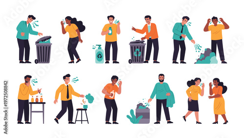 Illustration of various people dealing with bad smells from trash cans and using air fresheners to neutralize odors.