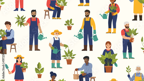 Seamless pattern of diverse people caring for plants and gardening including watering and repotting in a vector illustration.