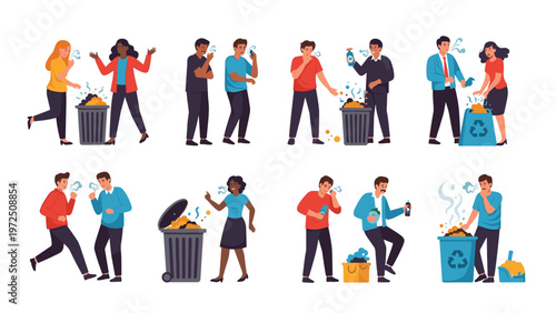 People reacting to foul odors from overflowing garbage bins and trying to manage the situation with various methods.