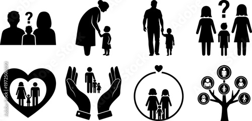 Family silhouettes and icons representing love and relationships