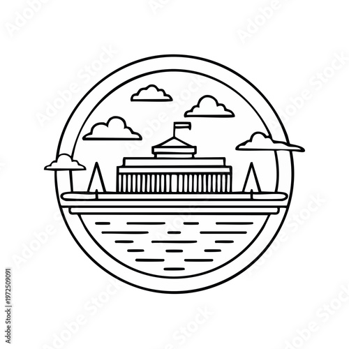 Government building landmark in circular frame with clouds and water