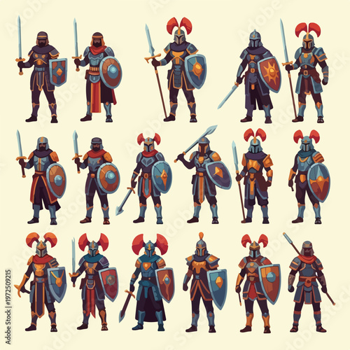 Collection of Medieval Fantasy Knight Characters with Armor Shields and Weapons.