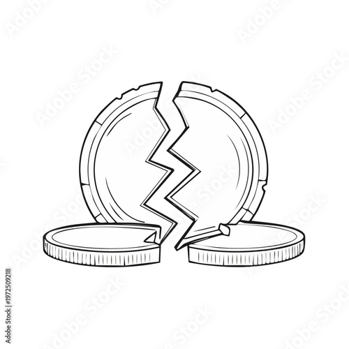 Cracked Coin Symbolizing Financial Ruin, Debt, and Economic Downturn
