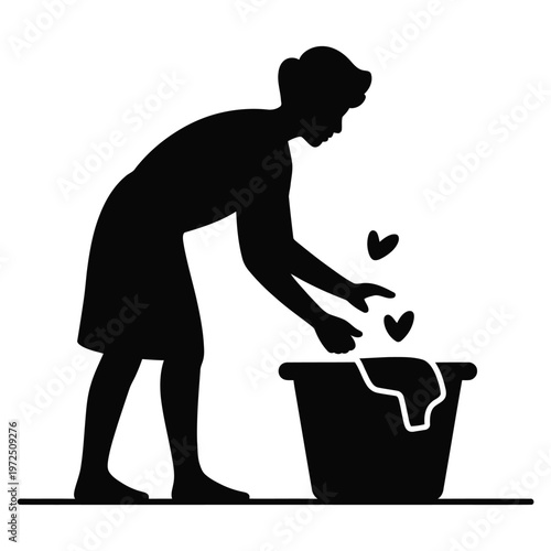 A person tending to a flower pot with hearts floating depicted in stark black silhouette