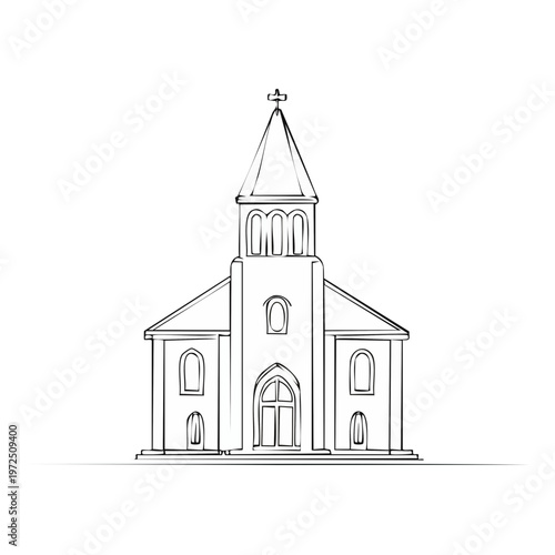 Outline drawing of a classic church building with a steeple and cross