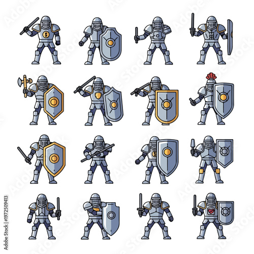 Collection of Medieval Fantasy Knight Characters with Weapons and Shields.
