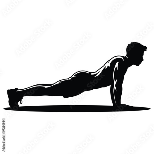 A muscular man performing a push up captured in a striking black and white silhouette