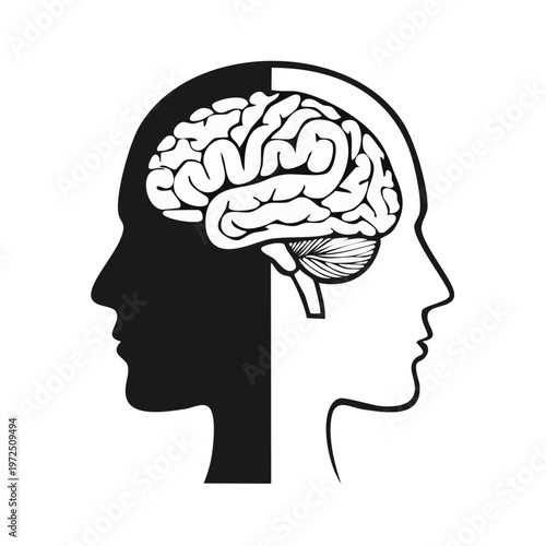 Split head profile showing brain and shadow symbolizing duality and inner thoughts