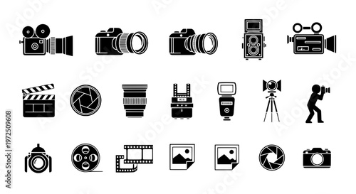 Cameras film and photography icon set with black silhouettes on white background featuring icons, graphic resources, illustrations with movie and