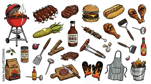 Barbecue grill with ribs steak burger hot dog corn and chicken legs, cooking tools, apron, and charcoal bag for outdoor summer picnic party