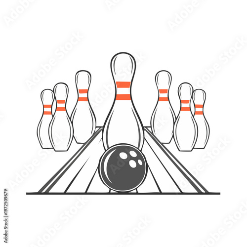 Bowling pins and ball lined up on alley for strike ready for game action