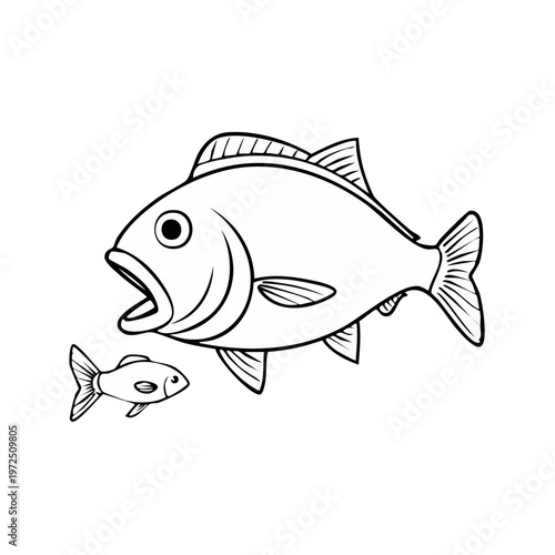 Large fish about to eat a smaller fish outline illustration