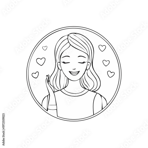 Line art drawing of a happy woman with closed eyes surrounded by hearts inside a circle
